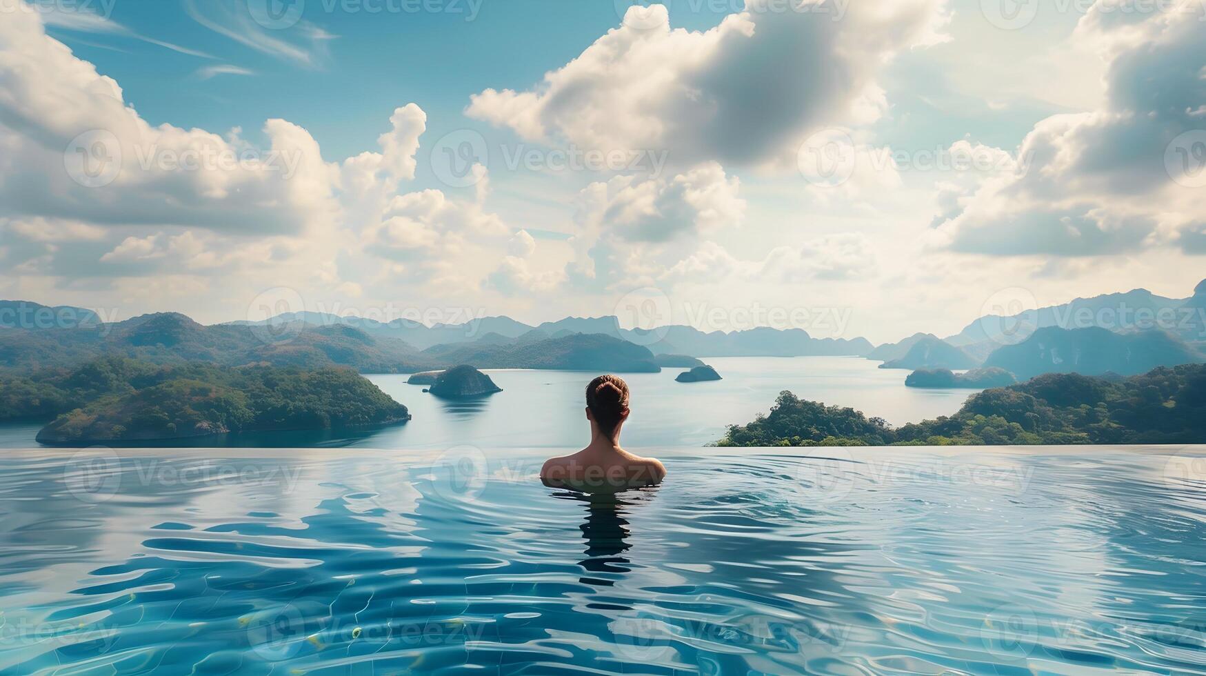 Person enjoying a refreshing morning swim in an infinity pool with a stunning mountainous landscape view photo