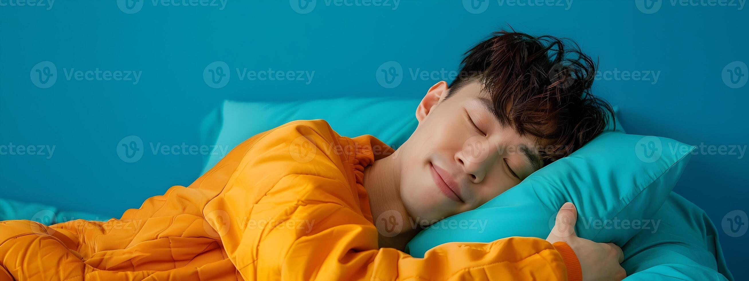 Sleeping Hallyu Man Wearing Modern Costume with Neo Pop Sensibility on Blue Background photo