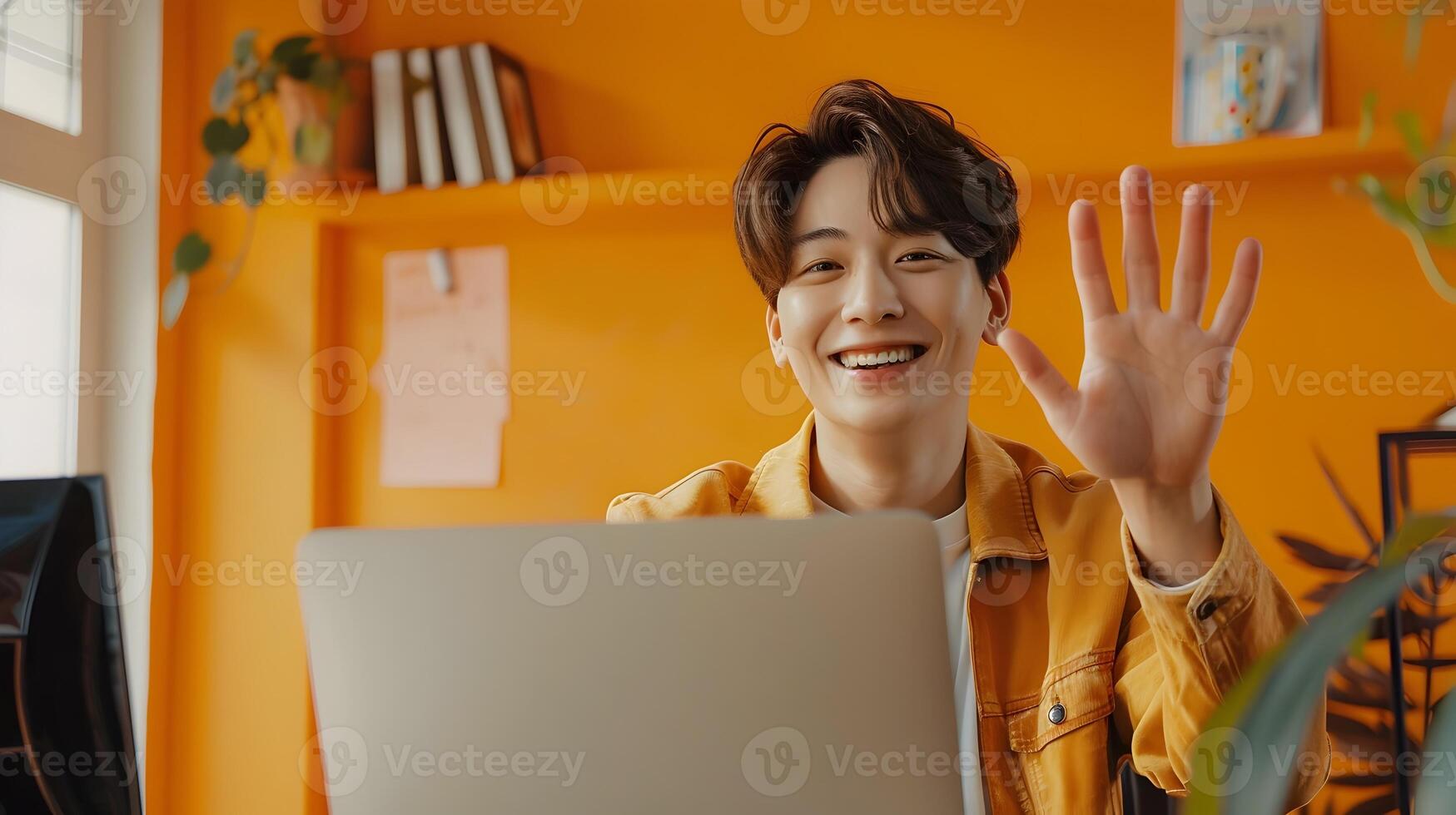 Smiling Hallyu Man Waves During Modern Office Call With Vibrant Neo Pop Style photo