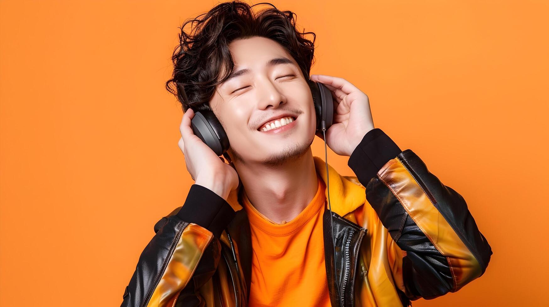 Smiling Hallyu Man Listening to Music in Vibrant Neo Pop Costume photo