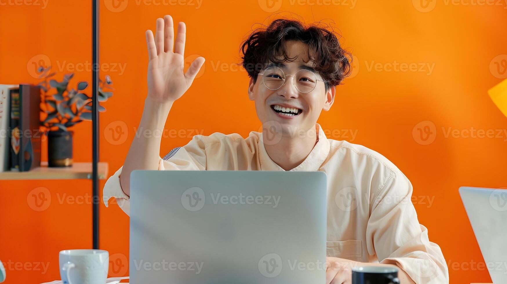 Smiling Hallyu Man Waving During Call in Modern Office with Neo Pop Style photo