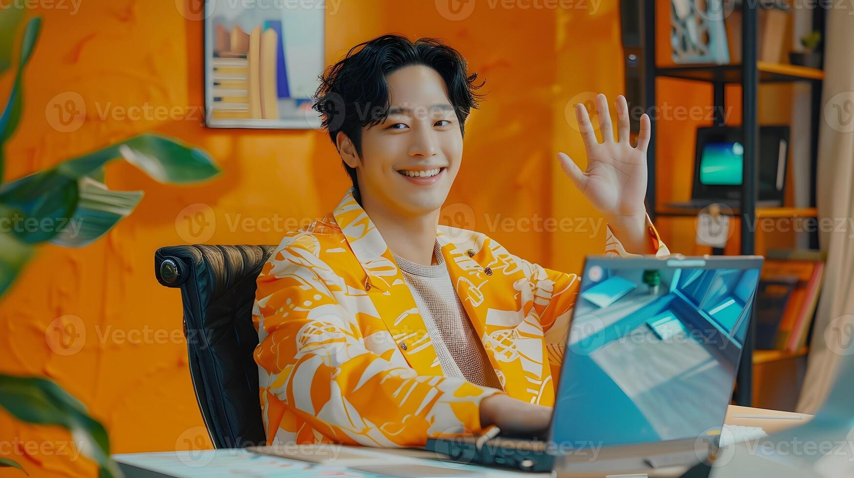 Smiling Man Waving During Call in Modern Office with Neo Pop Aesthetic photo