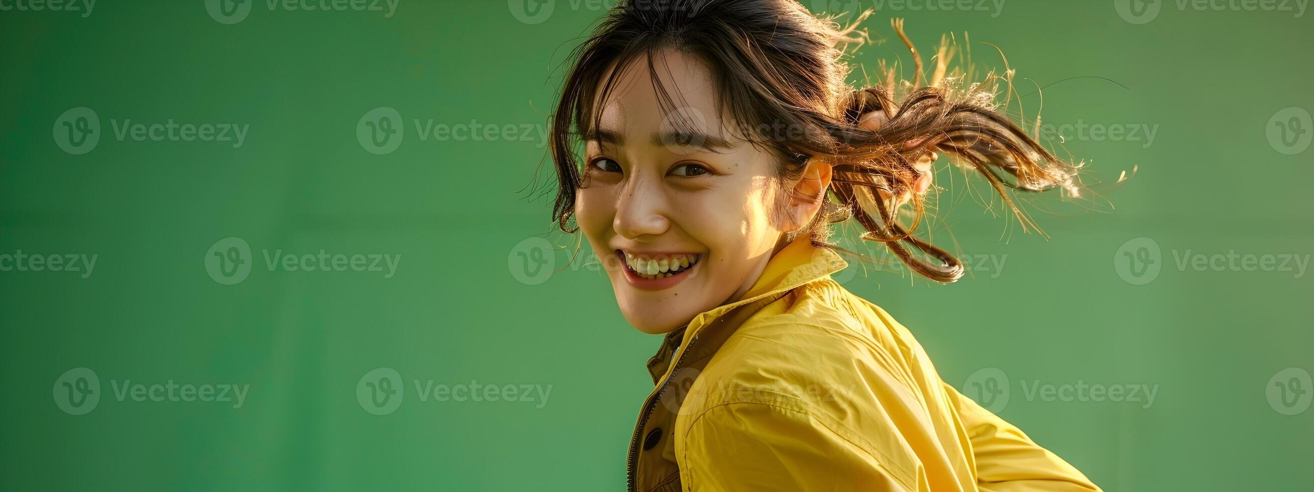 Smiling Hallyu Woman Running with Joyful Enthusiasm in Neo Pop Costume on Green Background photo