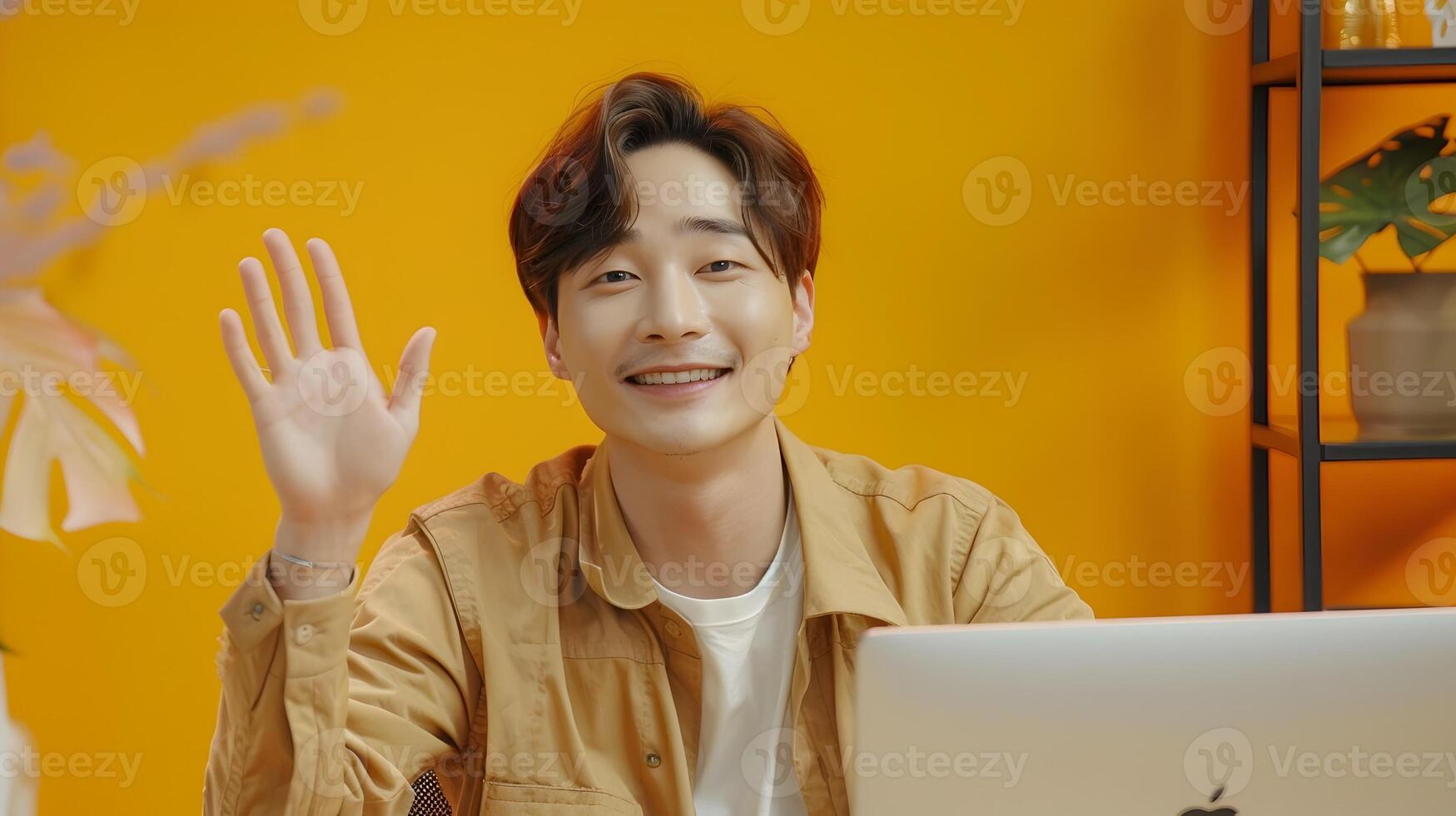 Smiling Man Waving During Call in Stylish Modern Office Setting photo