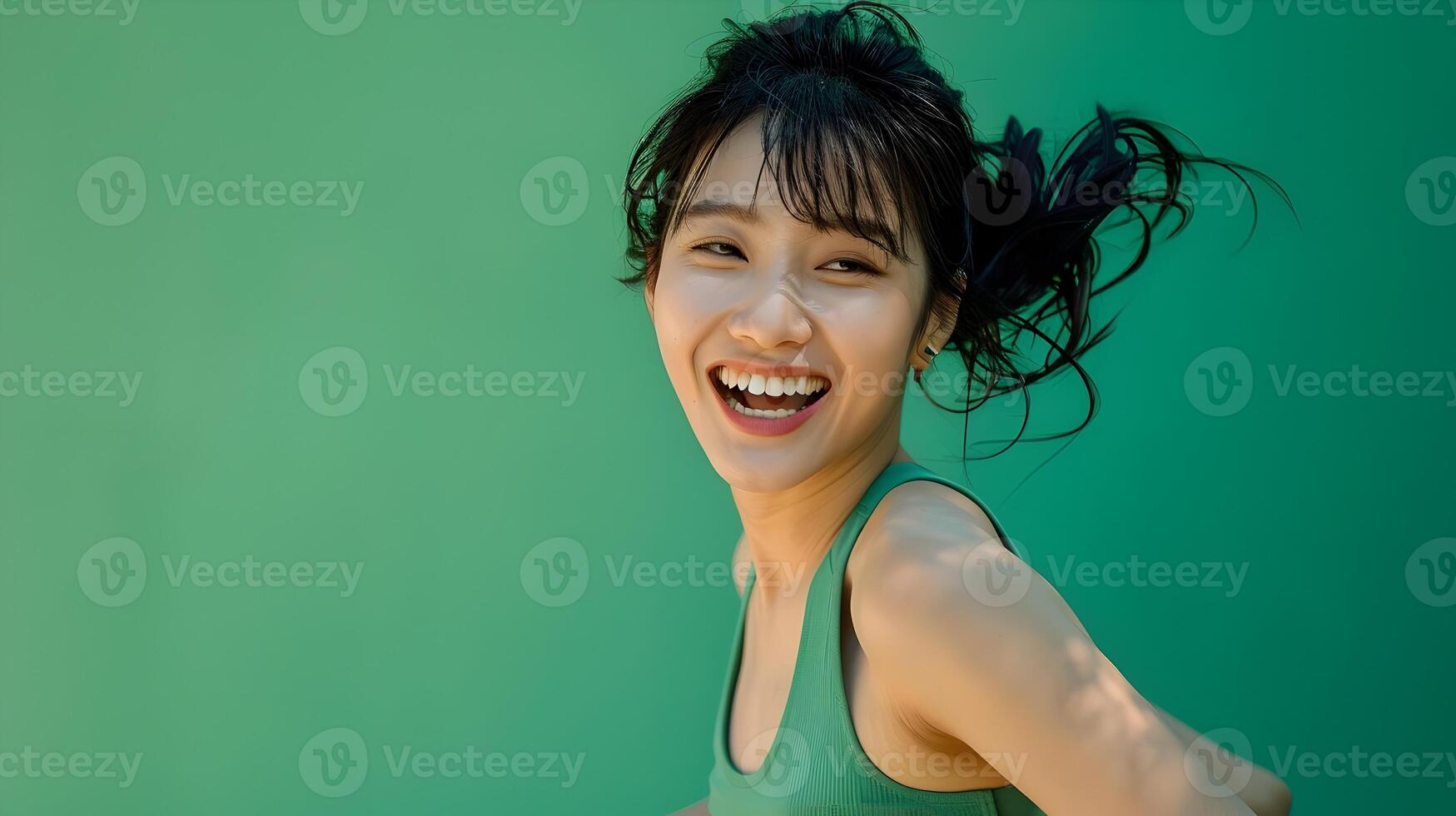 Smiling Hallyu Woman Running and Looking at in Modern Costume with Neo Pop Sensibility photo