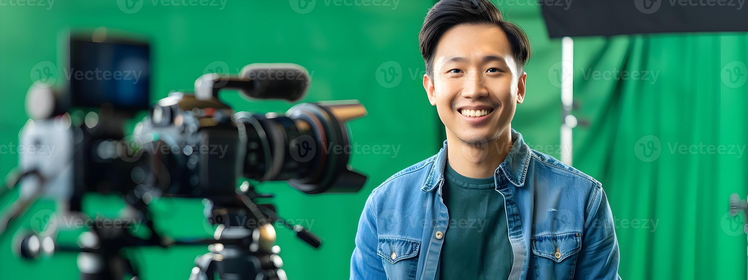 Smiling Young Asian Man Conducting Remote Online Training Recording in Neo Pop Style for Commercial TV photo