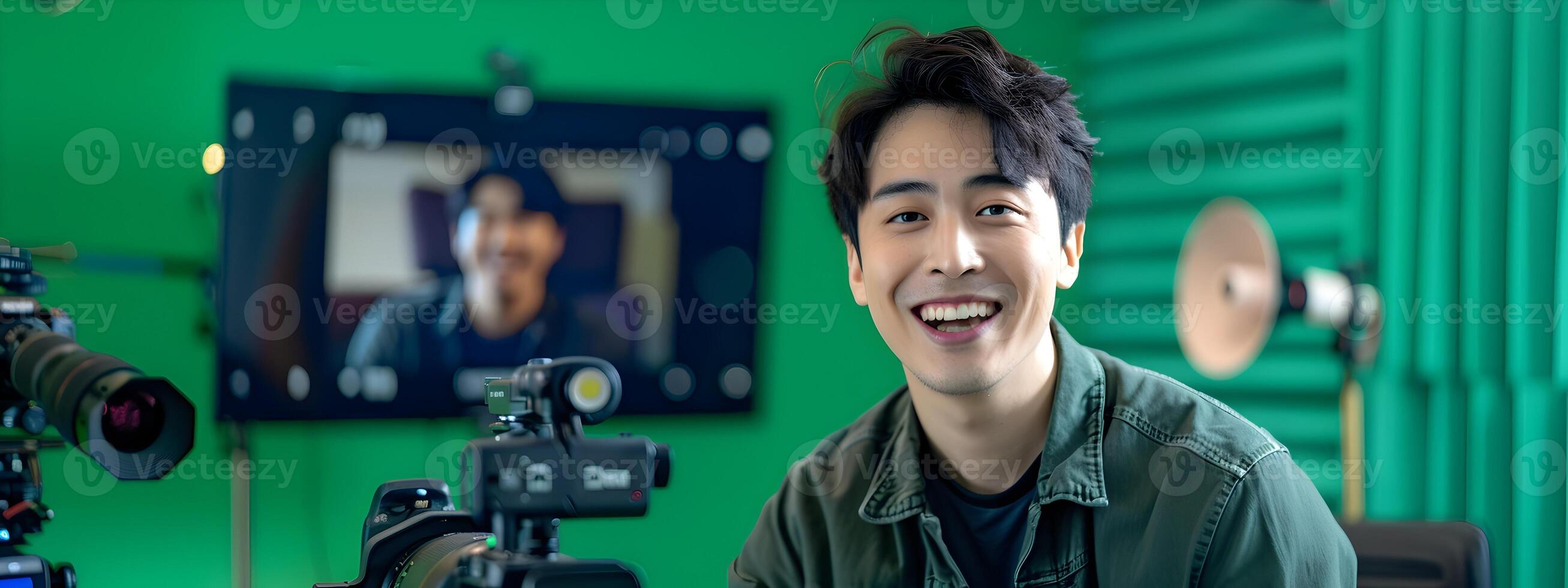 Smiling Young Hallyu Man Making an Online Recording for Remote Training with Neo Pop Sensibility photo