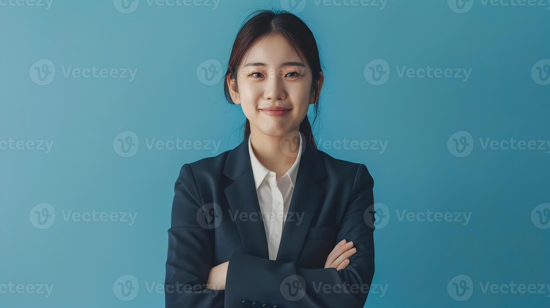 Successful Hallyu Businesswoman in Suit Confidently Posing on Blue Background photo