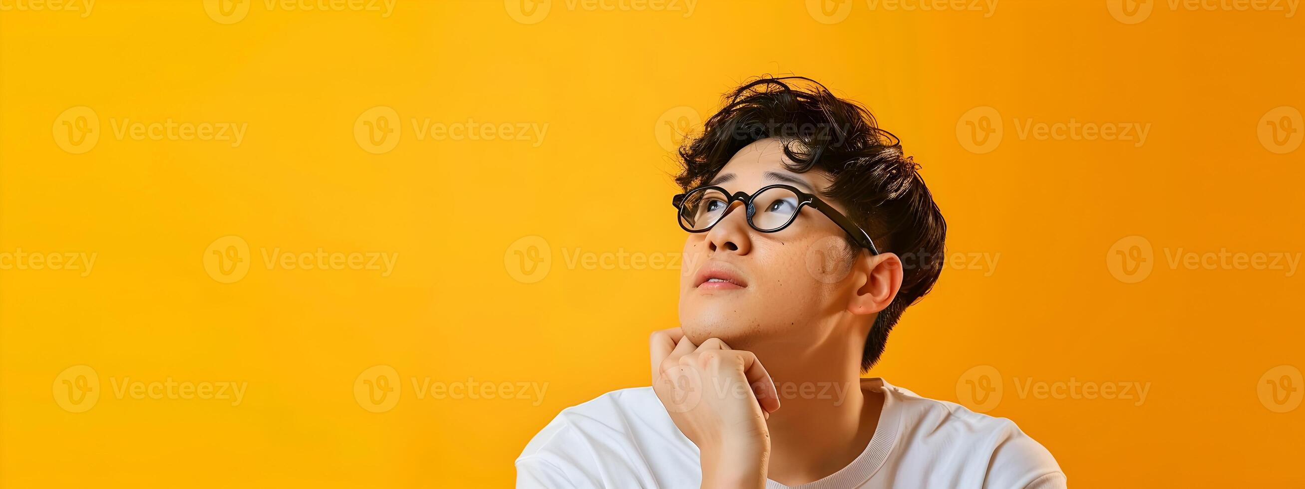 Thoughtful Hallyu Man with Glasses Contemplating an Idea in Modern Neo Pop Costume on Commercial TV Yellow Background photo