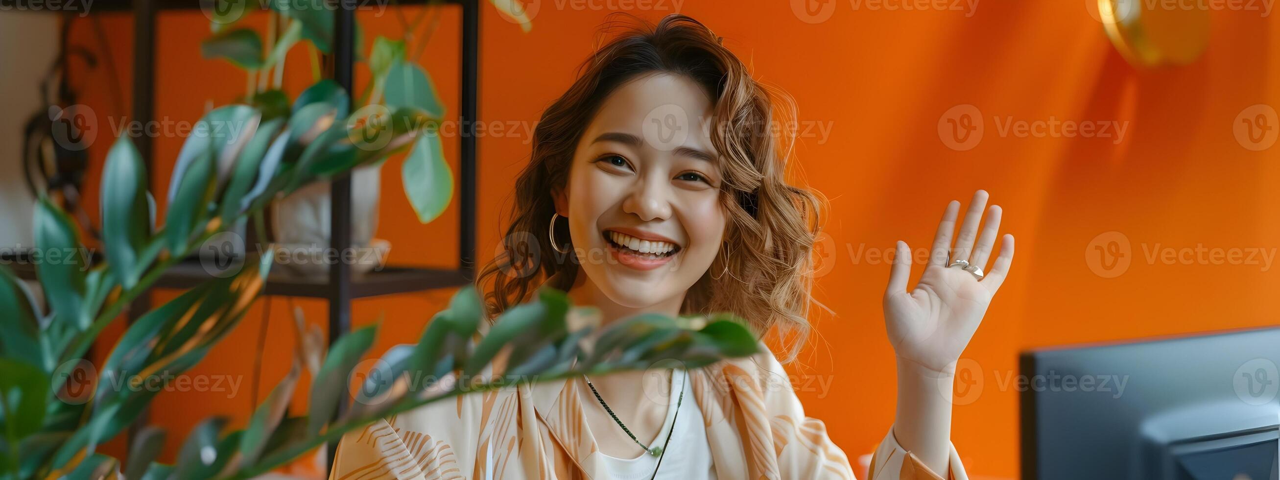 Smiling Young Woman Waving During Conference in Modern Stylish Costume photo