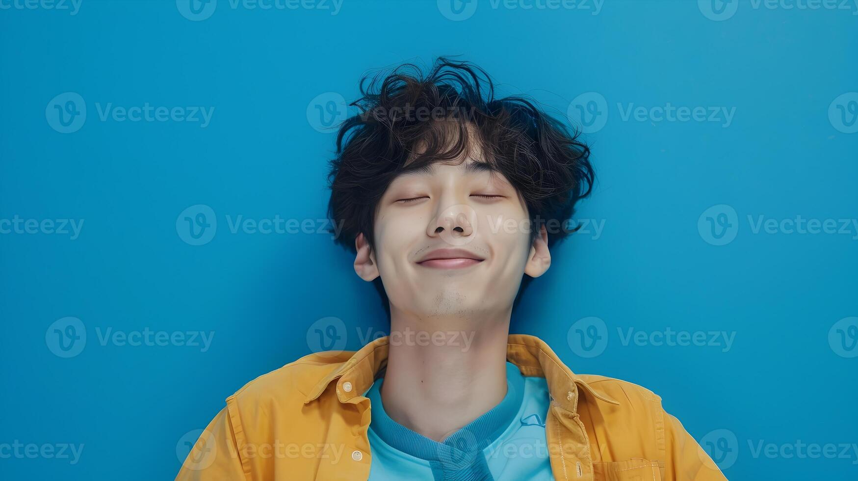 Stylish Hallyu Man Resting with Peaceful Expression against a Vibrant Blue Background photo