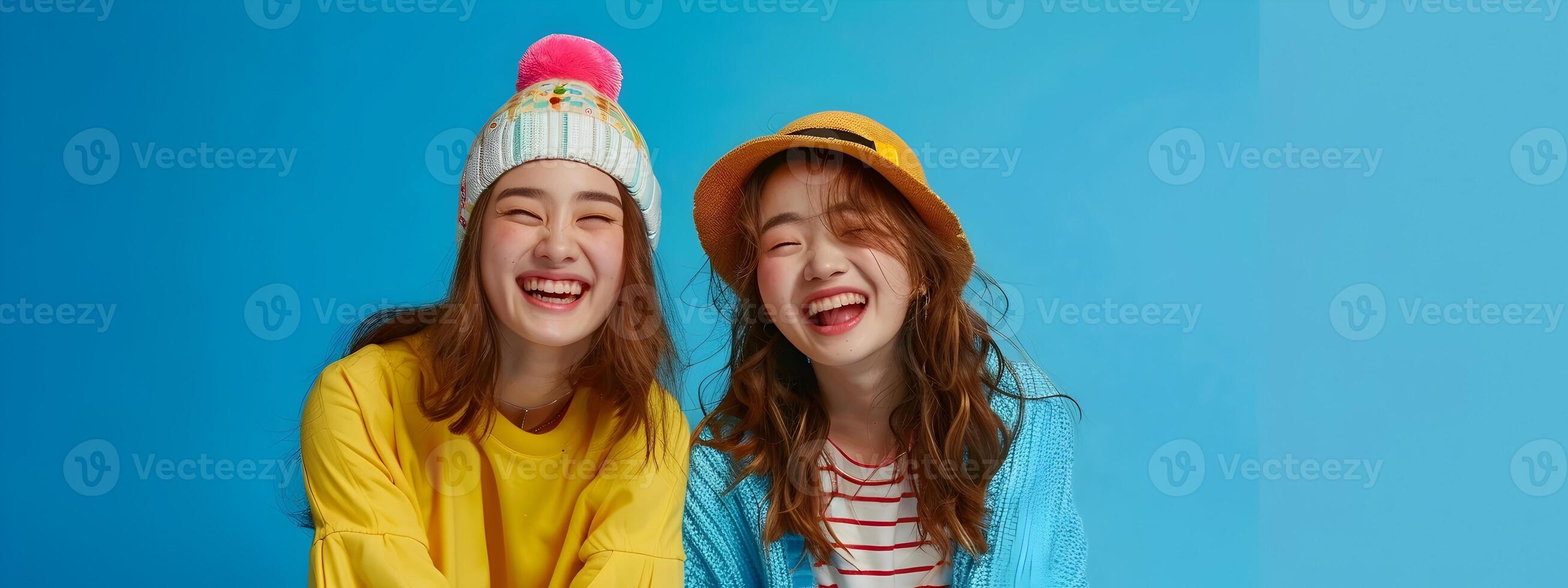 Two Bubbly and Fashionable Hallyu Girls Reveling in the Neo Pop Aesthetic with Vibrant Expressions photo