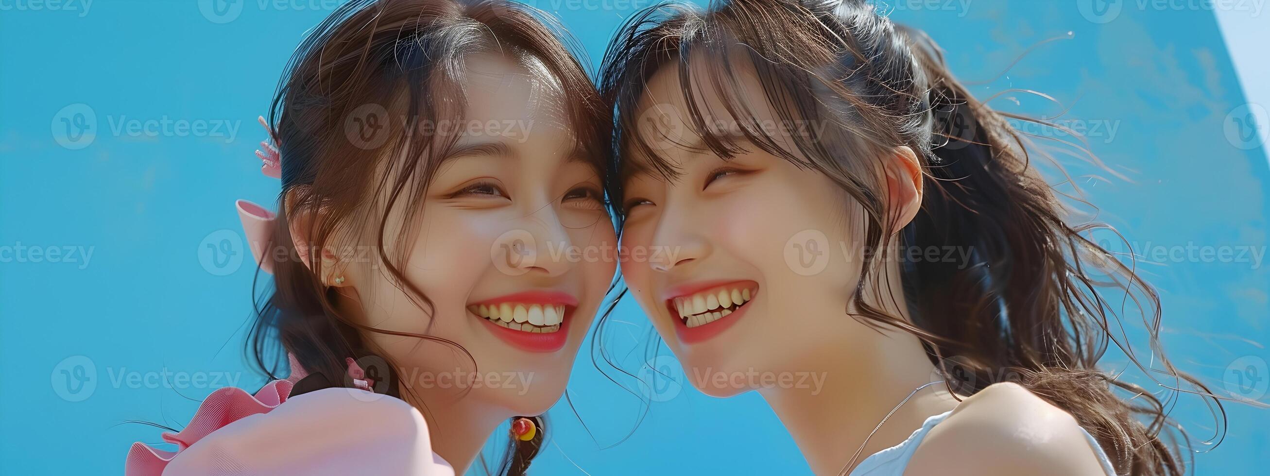 Two Carefree Asian Women Sharing Joyful Moment Together in Modern Fashion photo