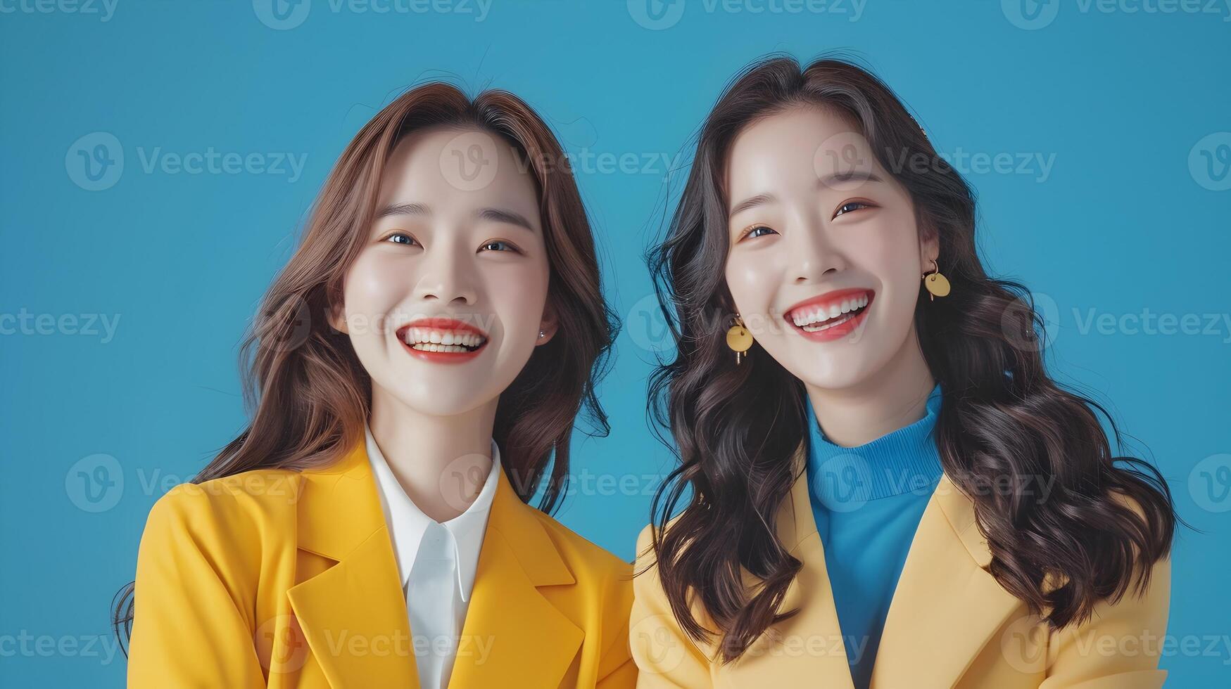 Two Vibrant Smiling Women in Playful Modern Costumes Against Blue Background photo