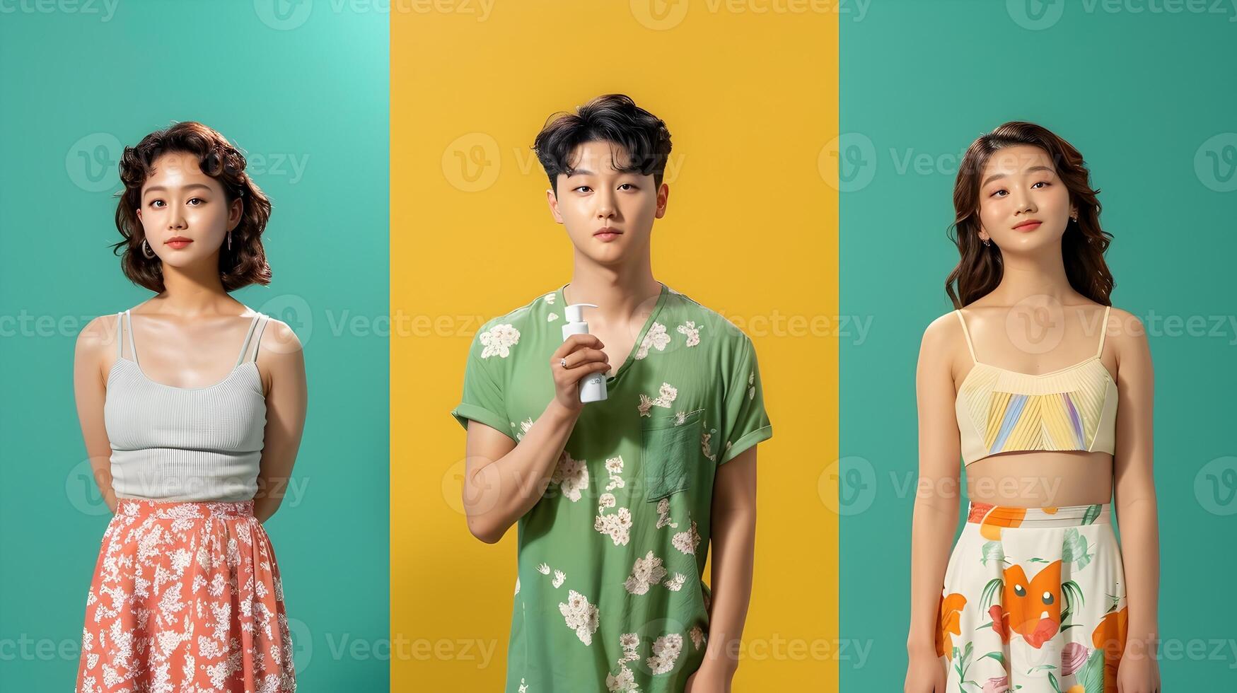 Vibrant Neo Pop Asian Couple Showcasing Shampoo Product with Joyful Expressions in Studio photo