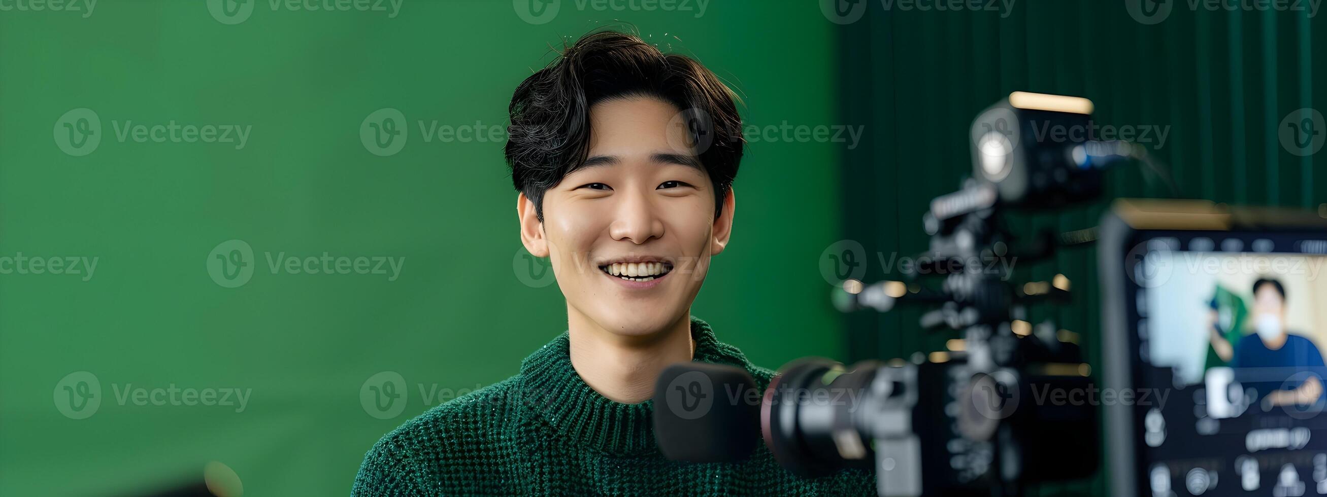 joven sonriente hallyu hombre conductible remoto en línea grabación o formación sesión con comercial televisión estilo estético foto