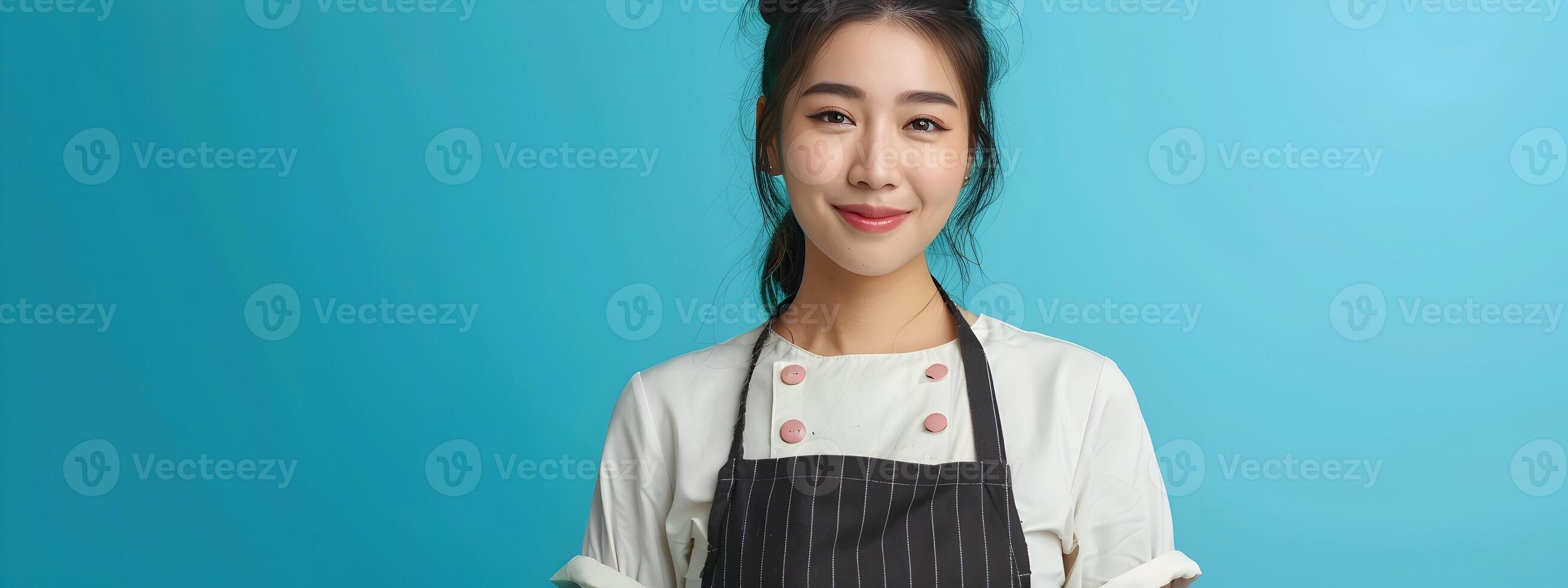 Asian Business Woman in Modern Costume Cooking on Blue Background photo