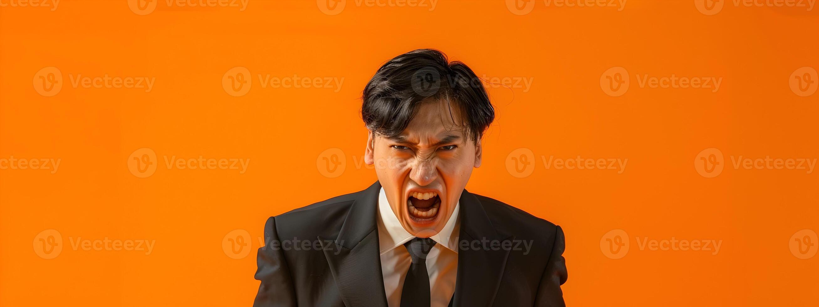 Angry Asian Businessman in Suit Feeling Frustrated on Orange Background photo