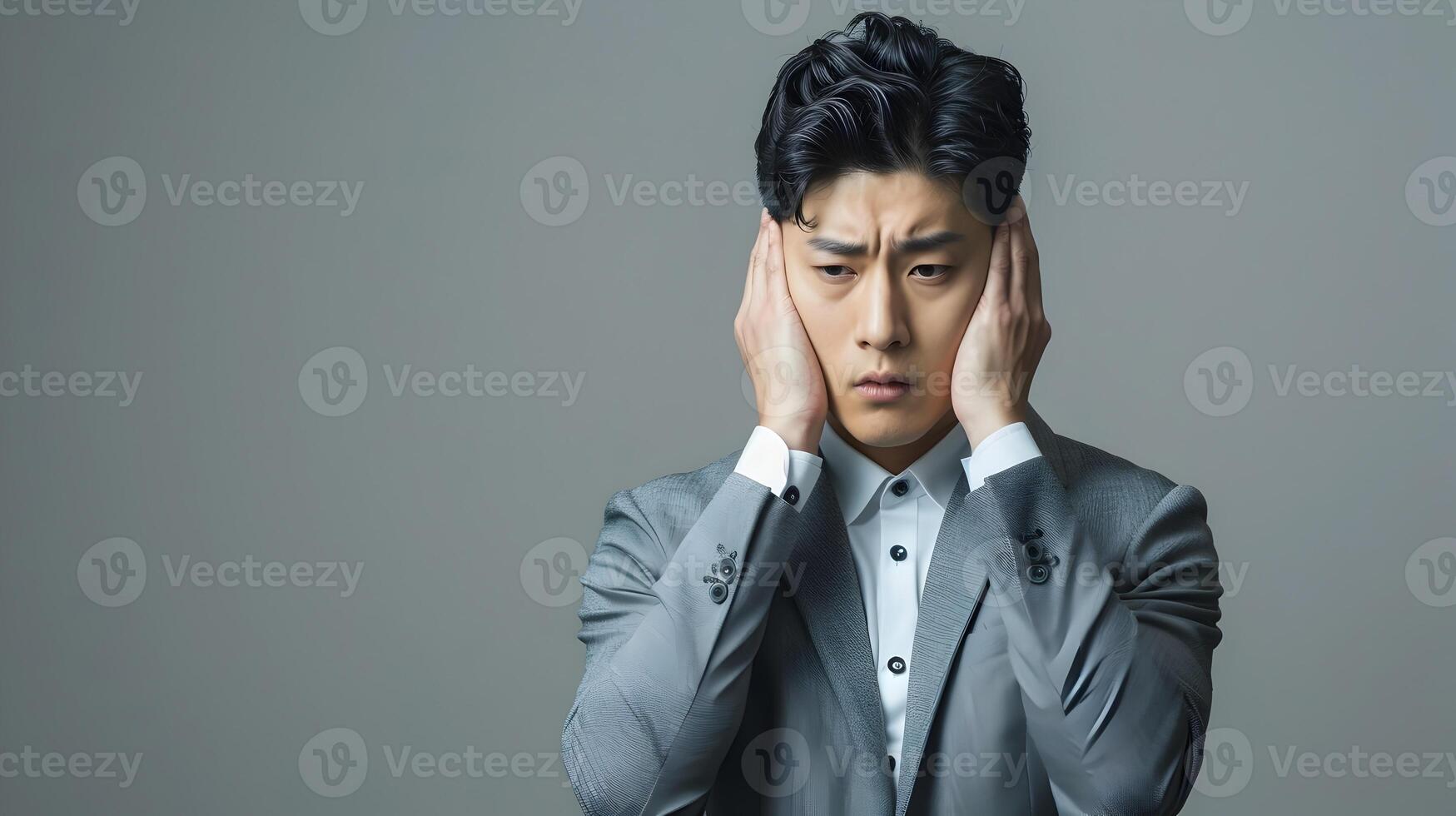 Asian Businessman Feeling Sick in Stylish Modern Costume on Gray Background photo