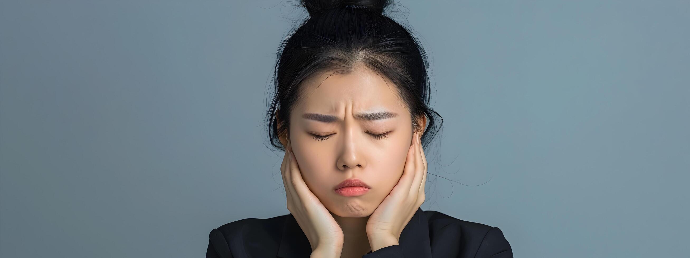 Anxious Asian Businesswoman Feeling Unwell in Modern Corporate Attire photo