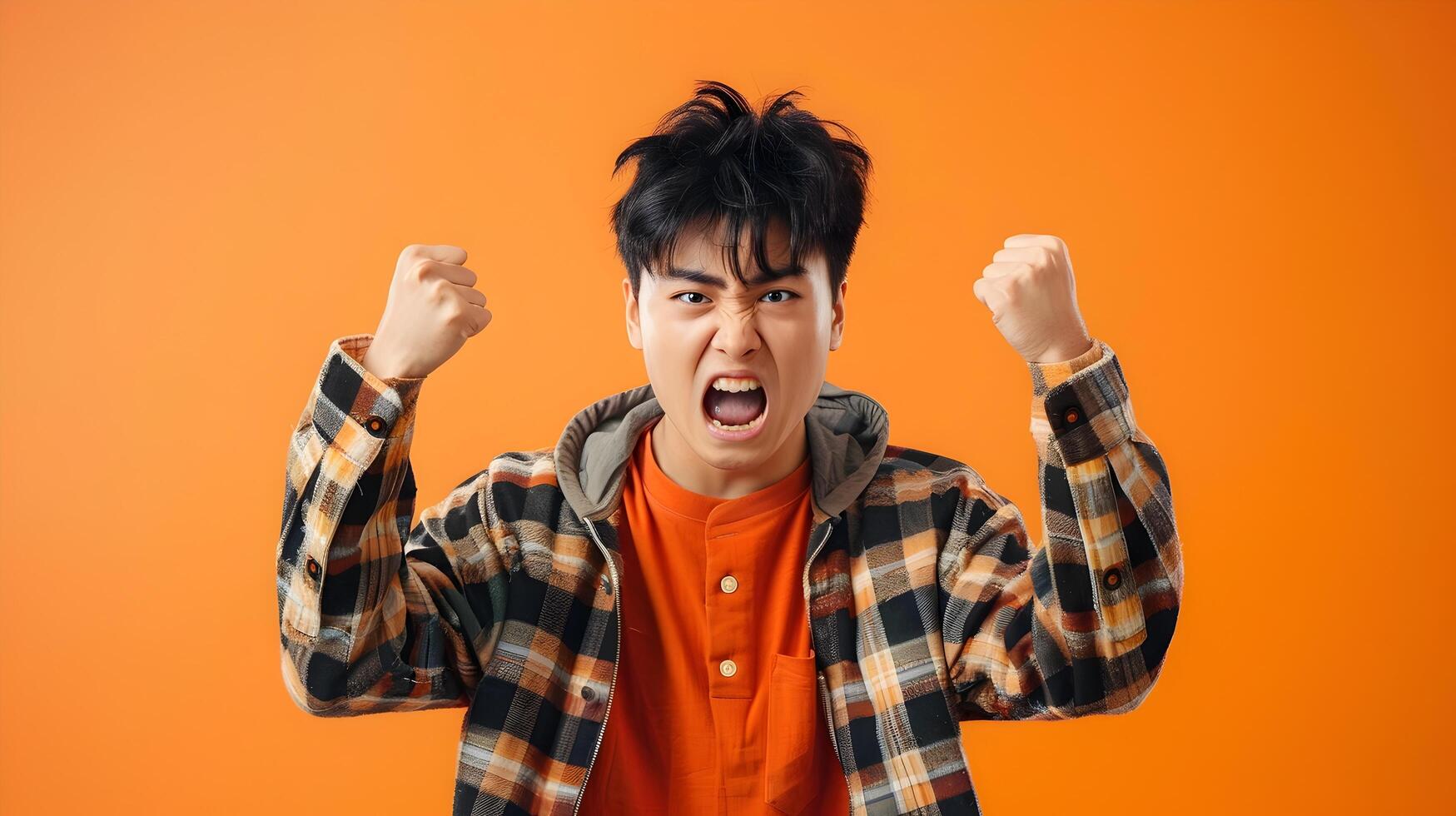 Angry Asian Hallyu Boy in Modern Neo Pop Styled Portrait on Orange Background photo
