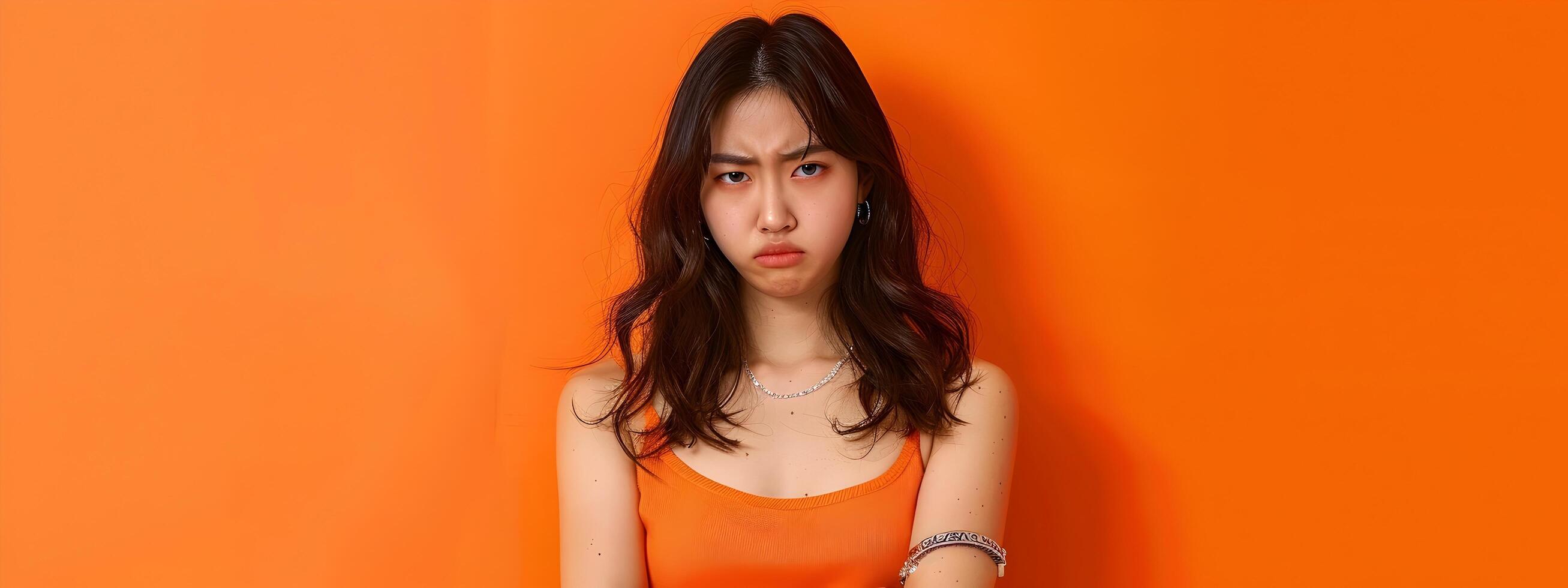 Angry and Upset Asian Woman in Stylish Outfit on Vibrant Orange Background photo