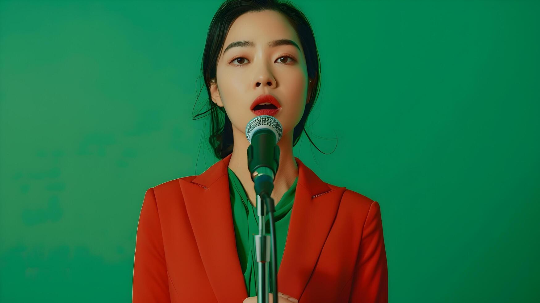 Asian Businesswoman Singing on Modern Green Studio Set with Neo Pop Sensibility photo