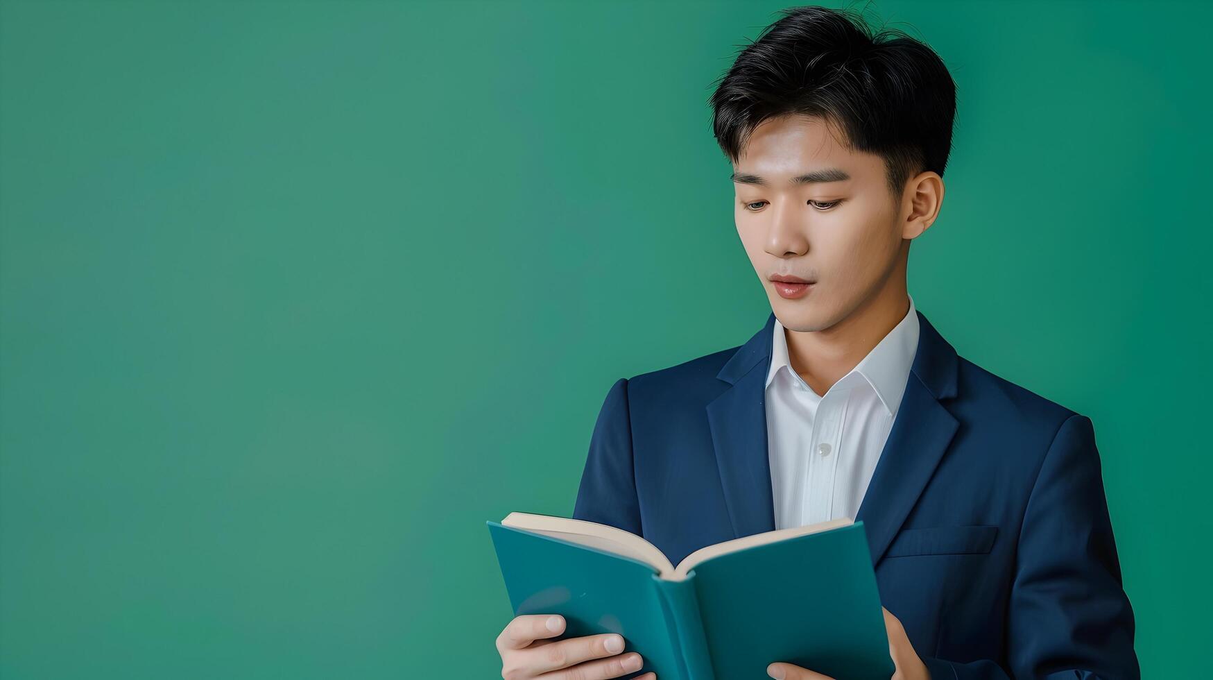 Asian Hallyu Businessman Reading Book on Green Background in Neo Pop Style photo