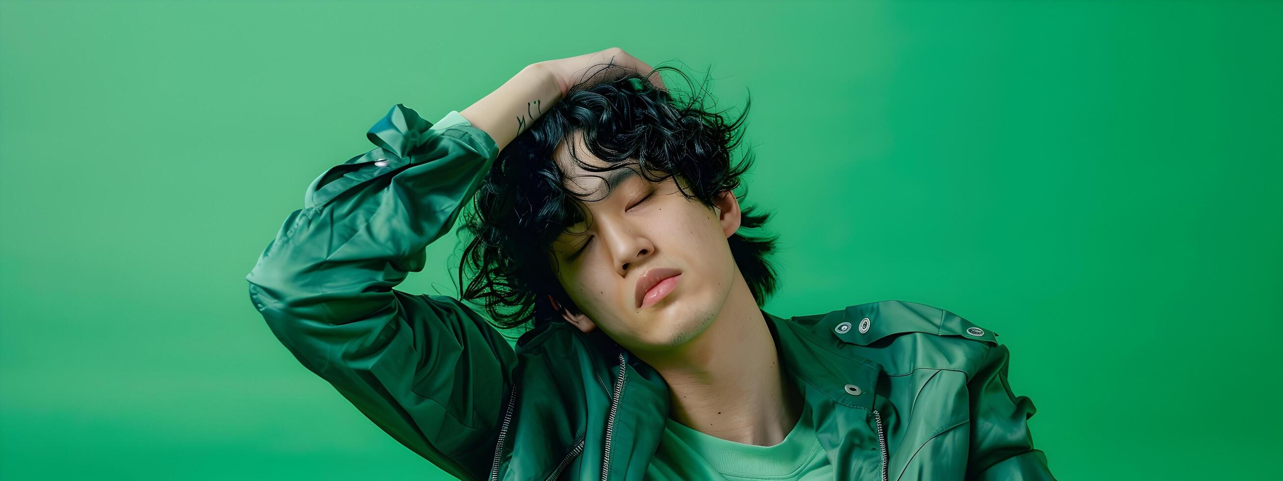 Asian Male Character in Modern Costume Feeling Relaxed on Green Commercial TV Background photo