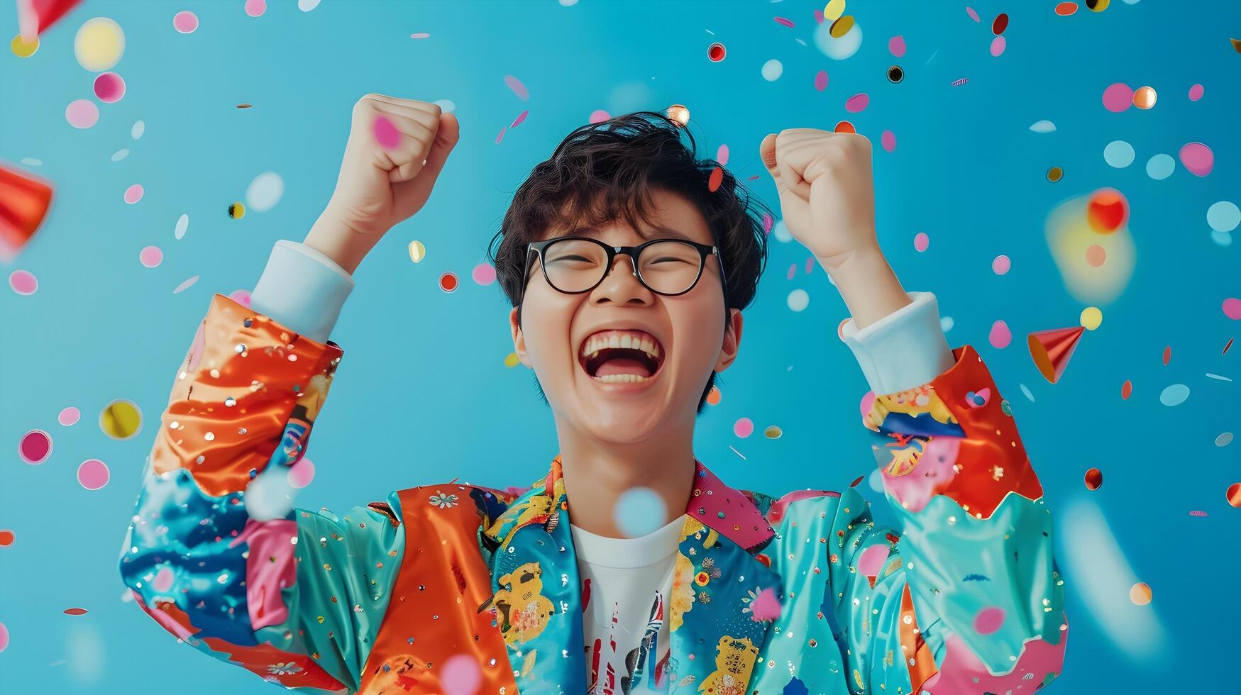 Asian Youth Celebrating in Vibrant Neo Pop Costume photo