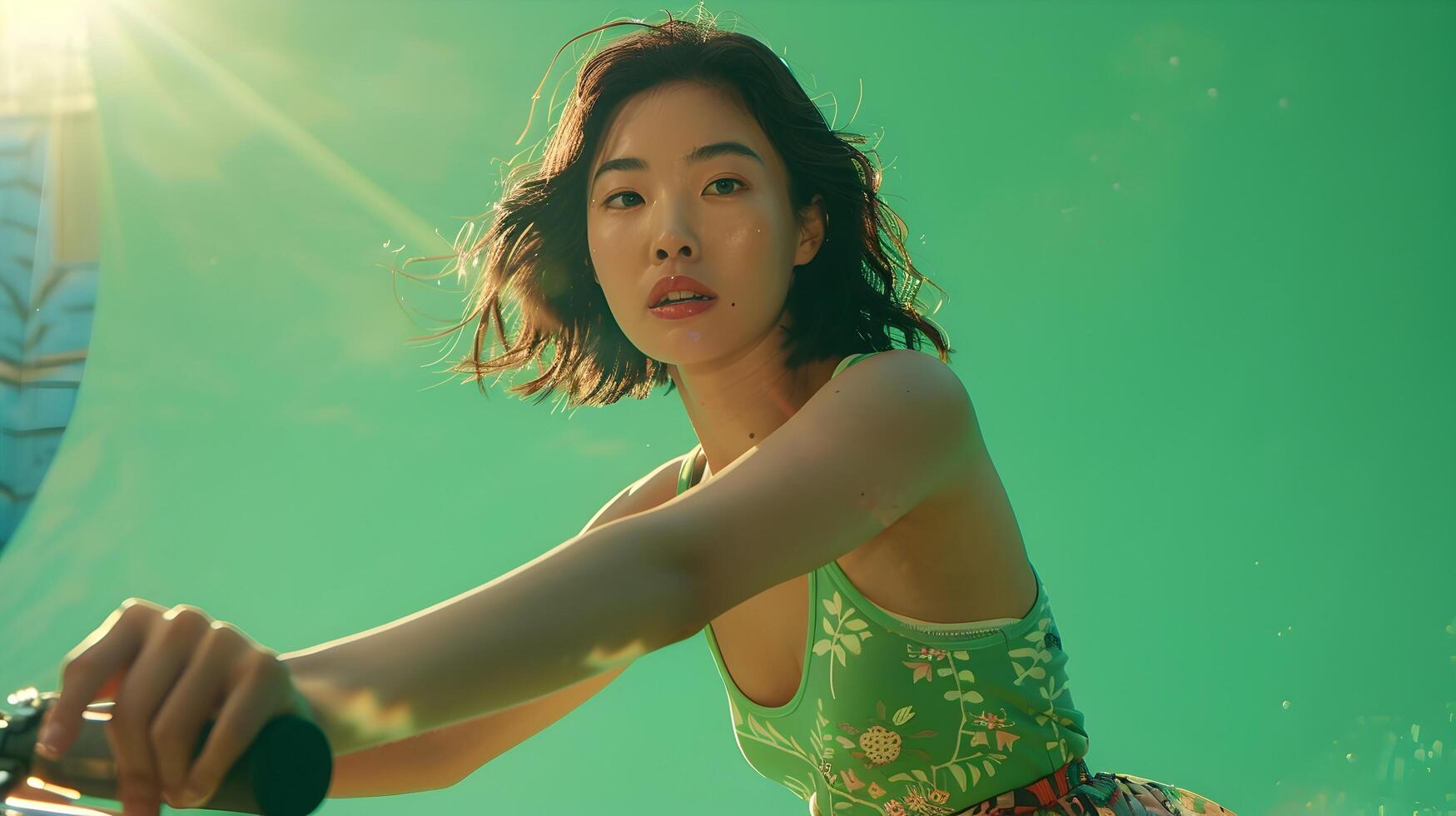 Attractive Asian Woman Riding Bicycle Against Vibrant Green Background in Neo Pop Style photo