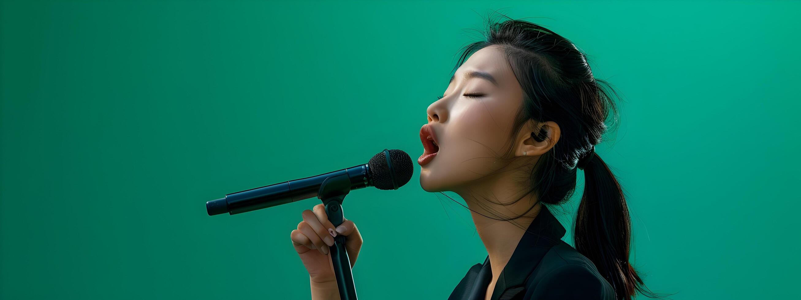 Captivating Asian Businesswoman Singing on Green Studio Background photo