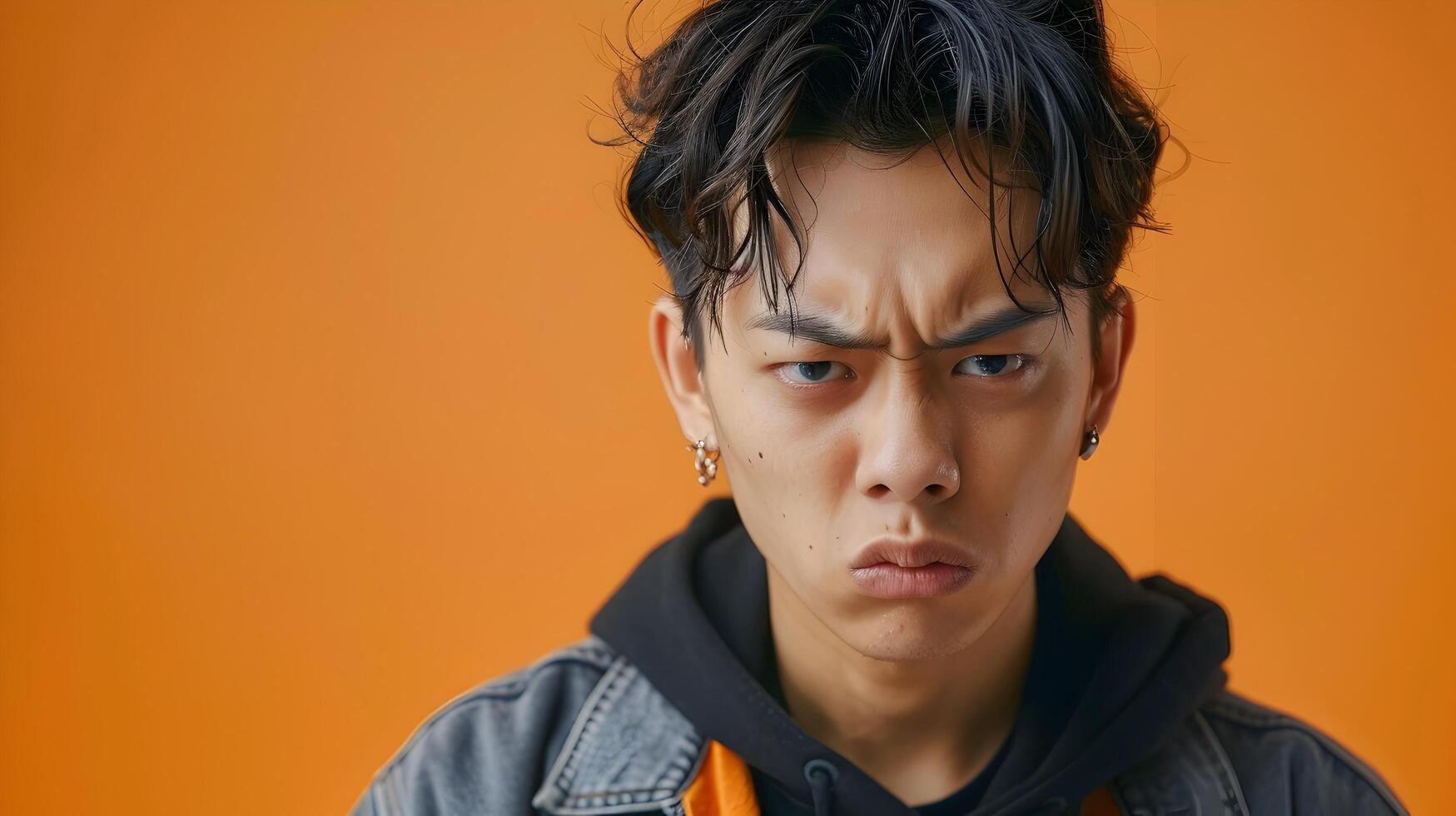 Brooding Asian Hallyu Male Performer Feeling Intense Emotion on Vibrant Orange Background photo