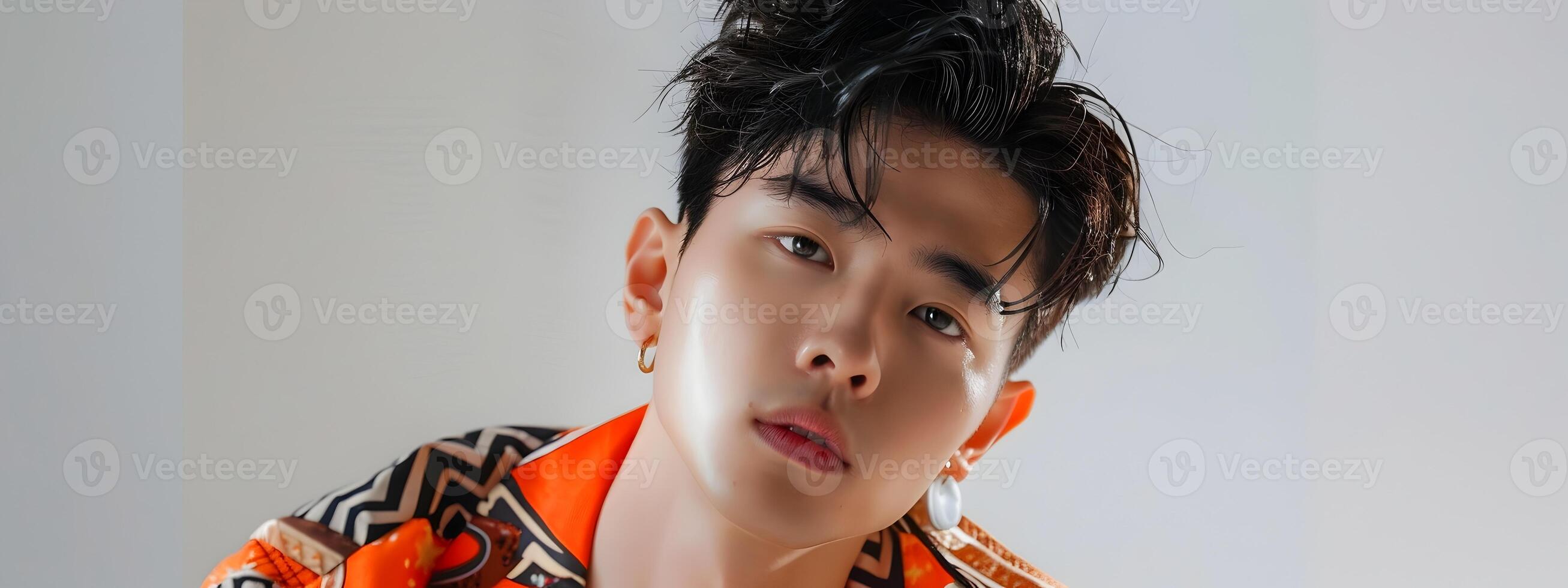 Captivating Asian Hallyu Boy in Modern Neo Pop Inspired Costume Posing Against White Background photo