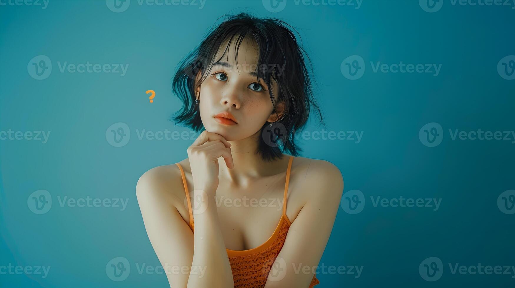 Captivating Asian Woman in Neo Pop Inspired Portrait with Inquisitive Expression photo