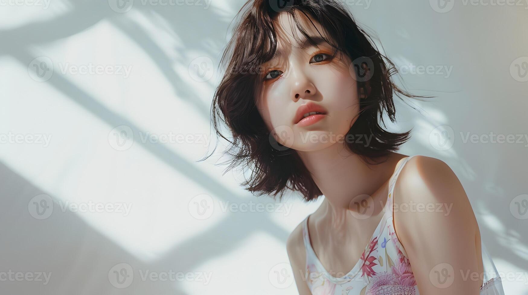 Captivating Asian Woman in Fashionable Attire Exuding Neo Pop Allure on White Background photo