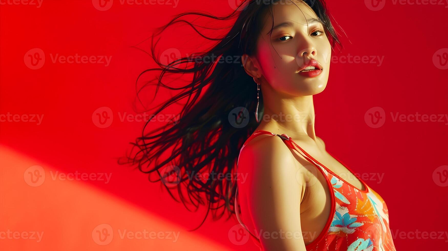 Captivating Portrait of Alluring Asian Hallyu Girl in Chic Outfit on Dramatic Red Background photo