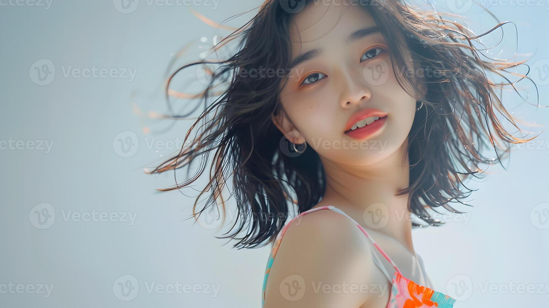 Captivating Portrait of Vibrant Asian Hallyu Girl in Stylish Outfit on White Background photo