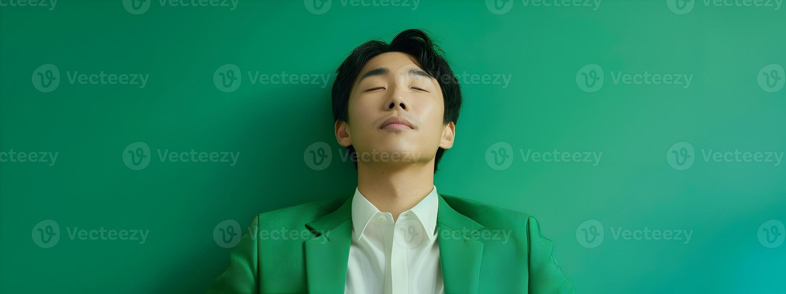 Charismatic Asian Young Man Posing Relaxed on Vibrant Green Background Wearing Modern Costume with Neo Pop Styling photo