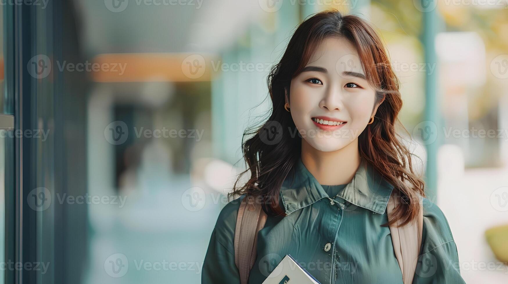 Charming Korean University Student Holding Book with Warm Smile in Modern Neo Pop Style photo