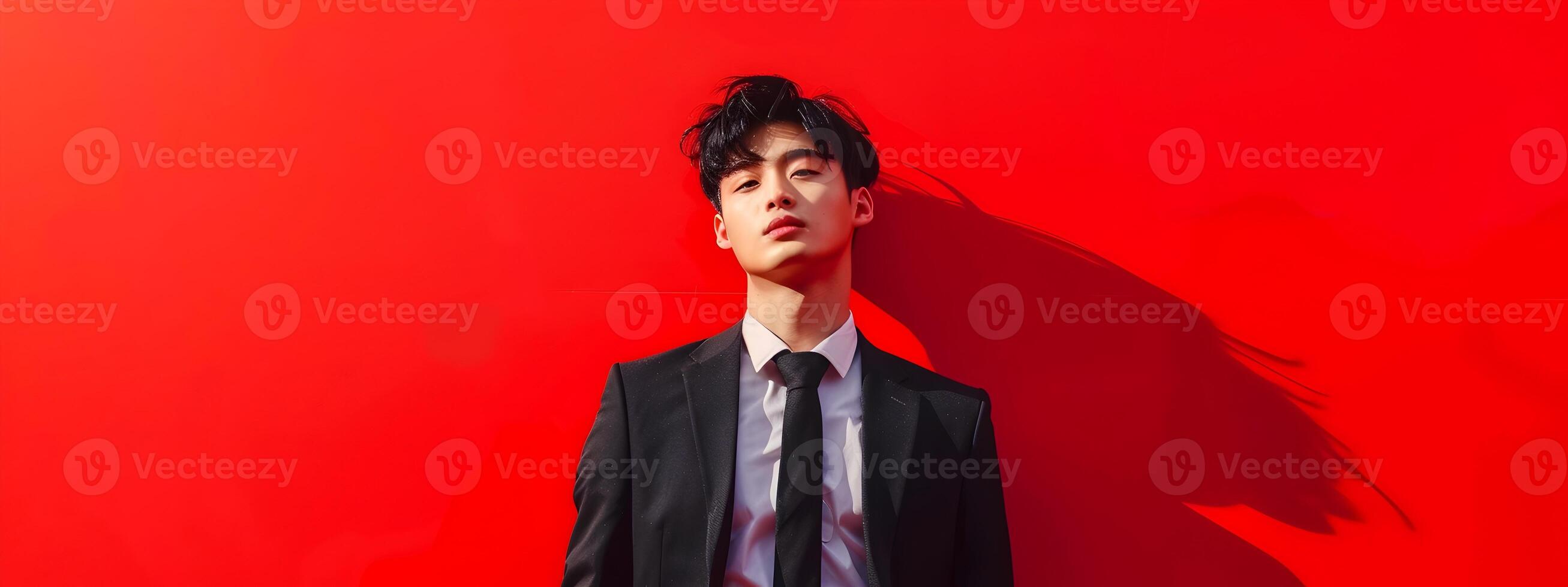 Confident Asian Business Professional Feeling Loved in Red Background photo
