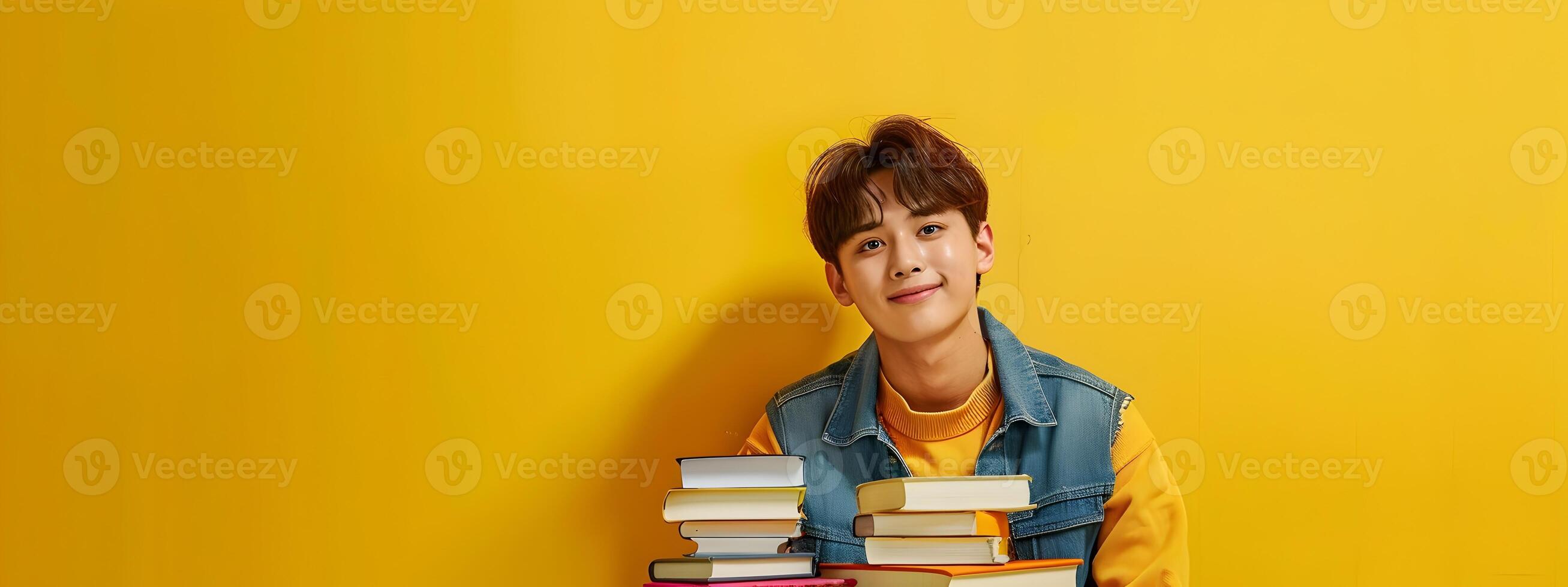 Cheerful Asian Student Studying with Colorful Book Stack on Vibrant Yellow Background photo