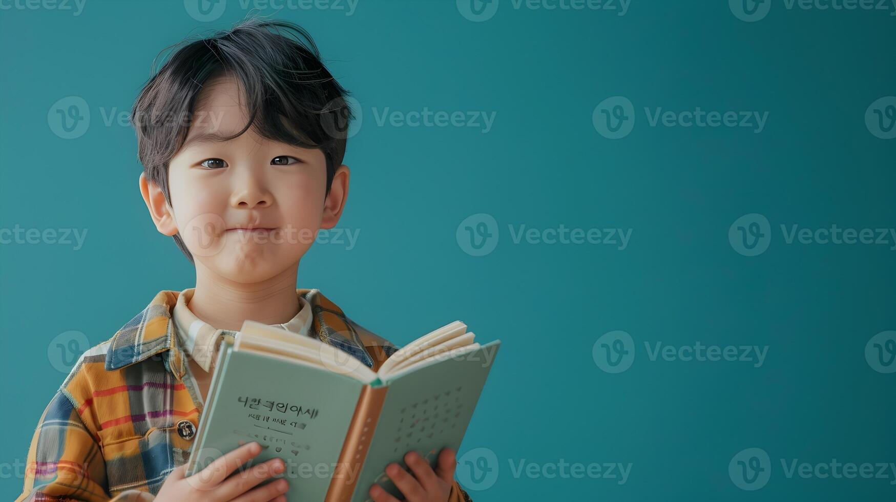 Cheerful Korean Hallyu Boy Reading Book with Neo Pop Flair photo