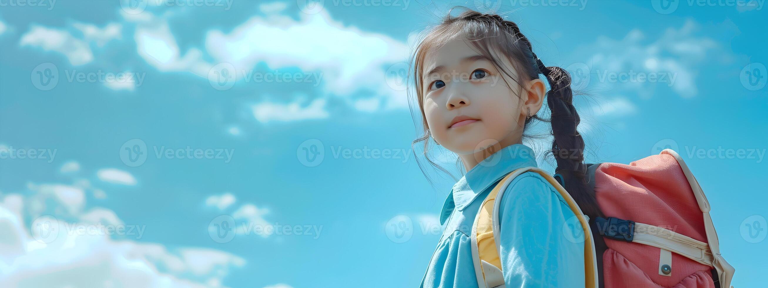 Cheerful Korean Girl Student Walking to School with Backpack on Beautiful Azure Sky photo