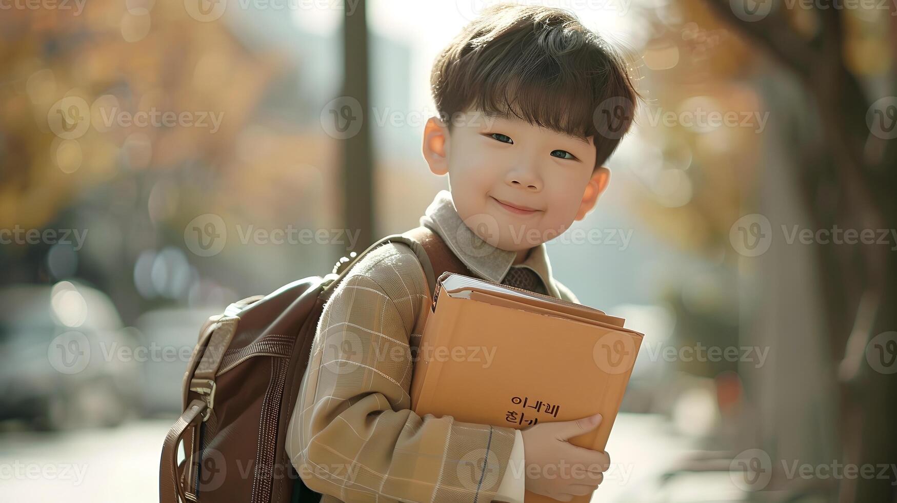 Cheerful Korean Schoolboy Holding Book with Stylish Costume photo