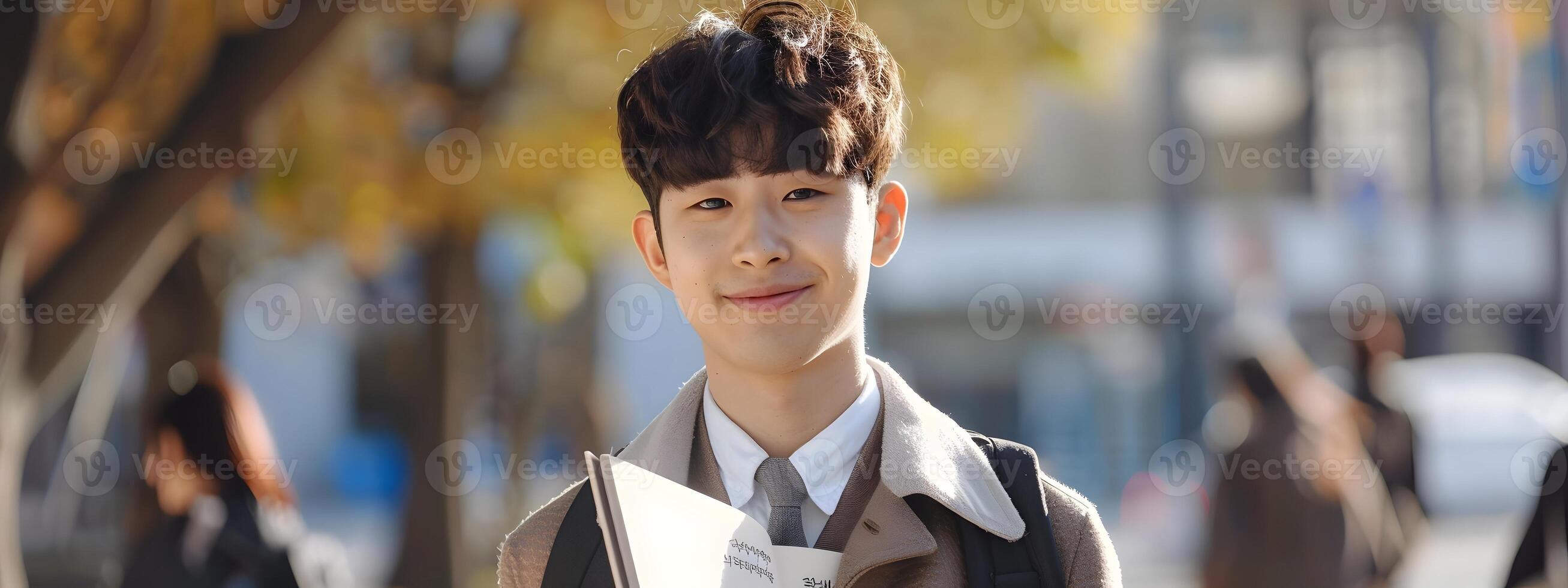Cheerful Korean University Student Holding Book and Smiling Outdoors photo