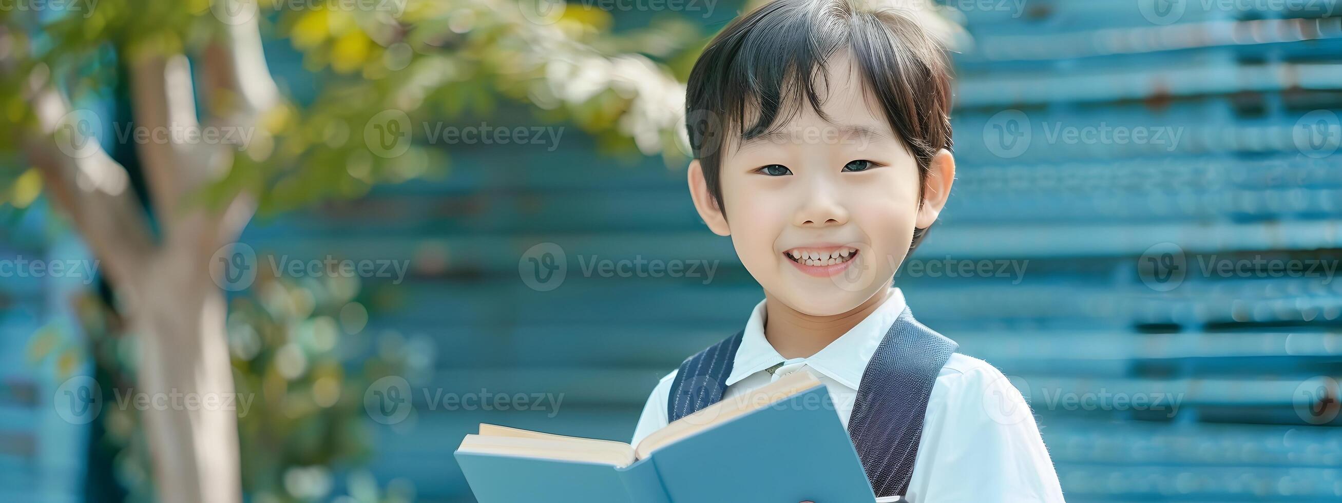 Cheerful Young Asian Boy Holding Book with Bright Smile in Modern Costume photo