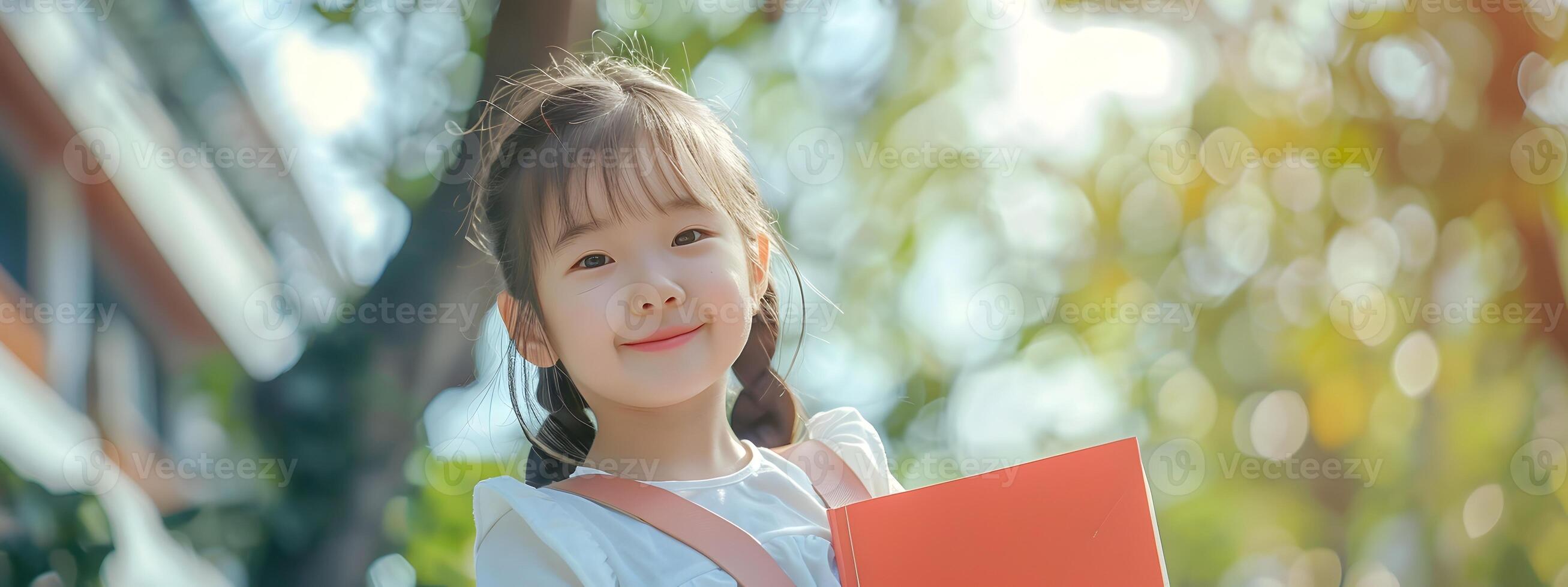 Cheerful Young Asian Girl Holding Book and Smiling in Modern Costume photo