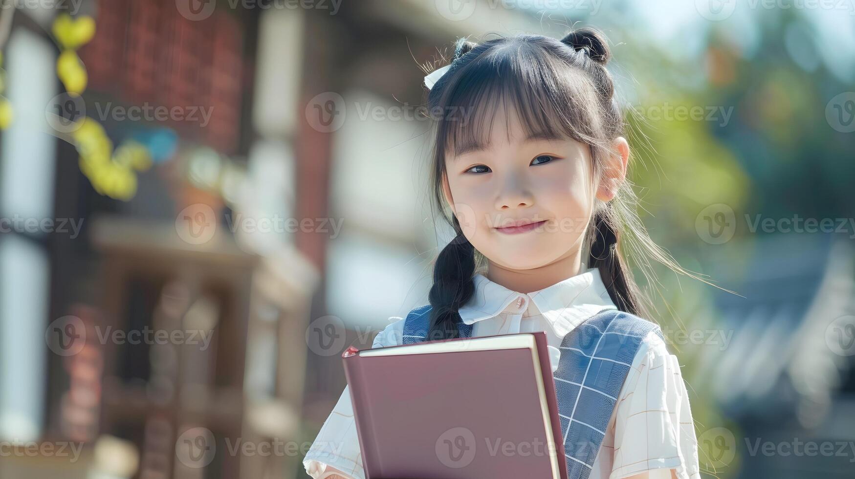 Cheerful Young Asian Girl Holding Book and Smiling Brightly at in Modern Costume photo