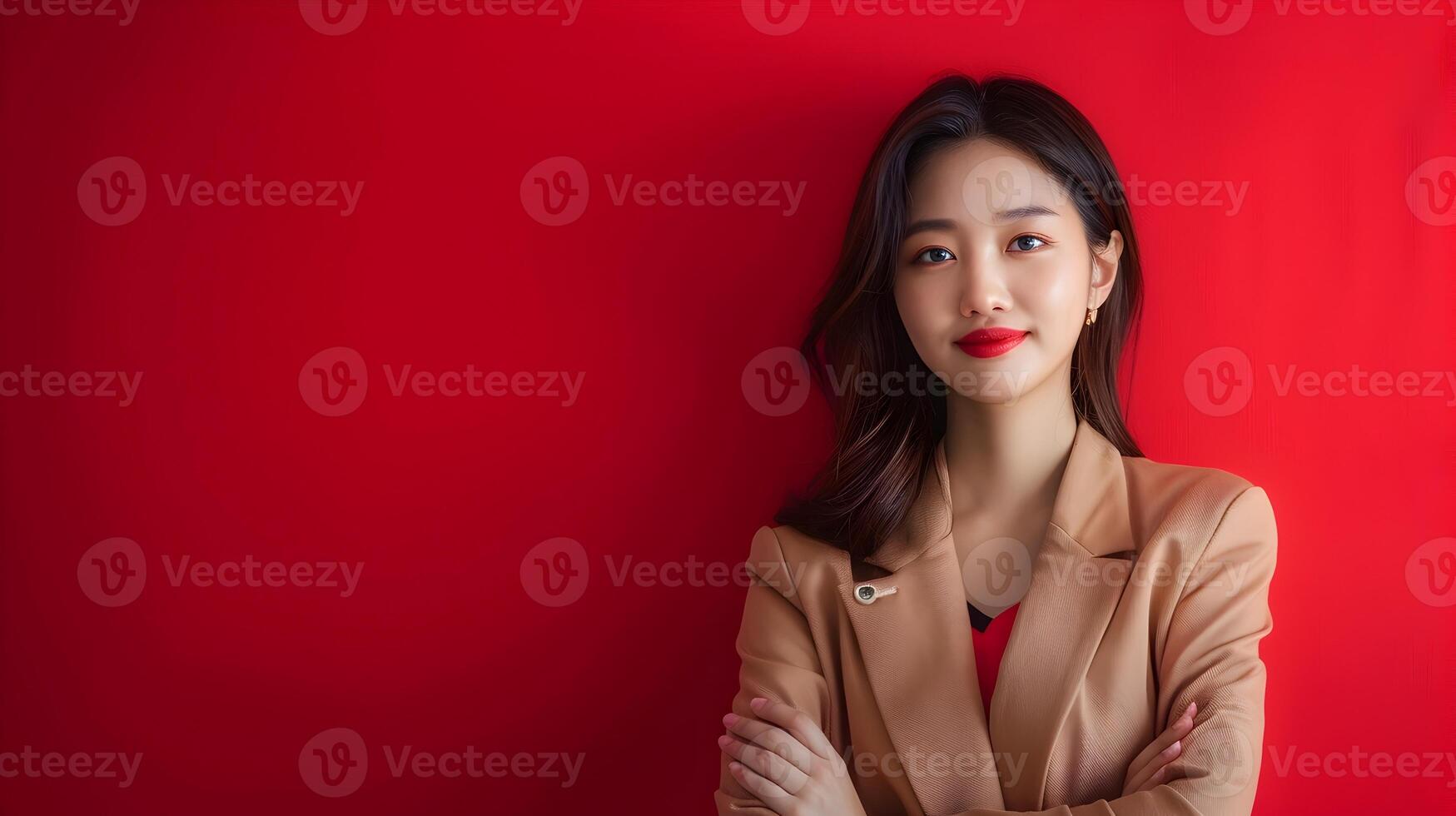 Confident and Elegant Asian Businesswoman Feeling Loved in Modern Costume on Red photo